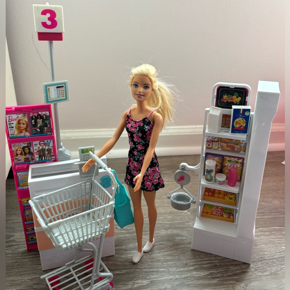 Barbie Supermarket Set - Checkout Stand, Shopping Cart Doll and Accessories